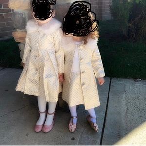 3t coat and dress. Blueber: boulevard light pink with rose gold polka dots.